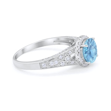 Art Deco Vintage Style Wedding Ring Simulated Aquamarine CZ 925 Sterling Silver